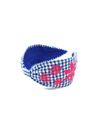 Blue & Hot Pink Gingham Embroidered Headband