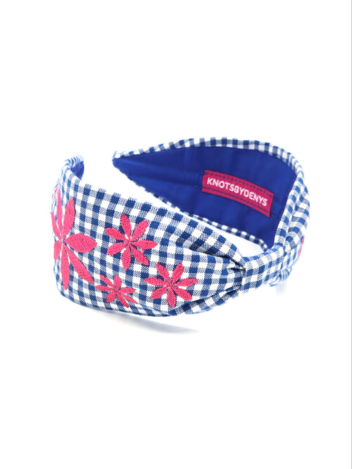 Blue & Hot Pink Gingham Embroidered Headband