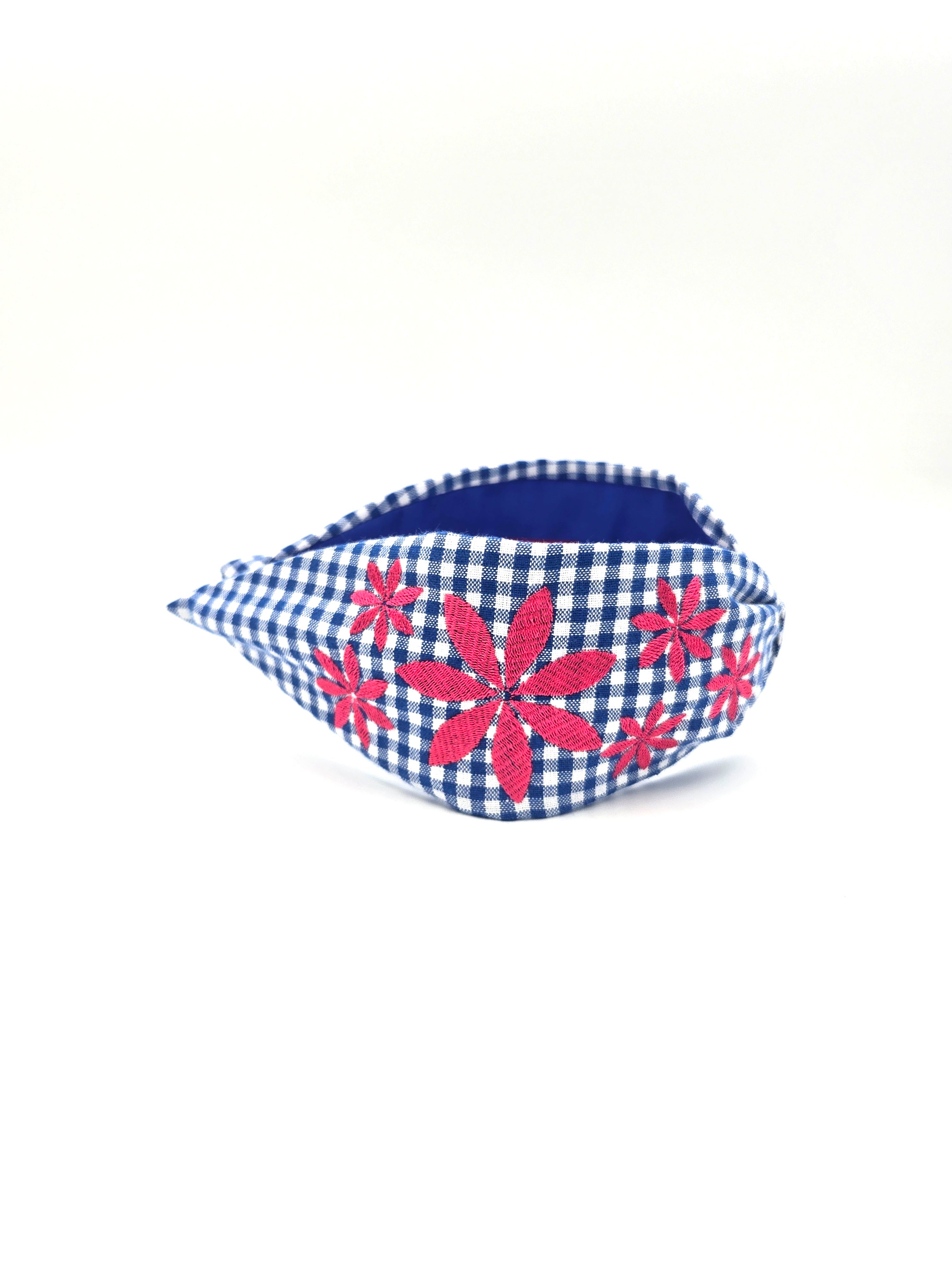 Blue & Hot Pink Gingham Embroidered Headband