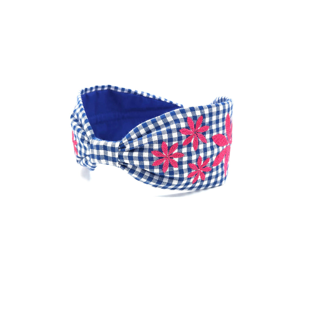Blue & Hot Pink Gingham Embroidered Headband