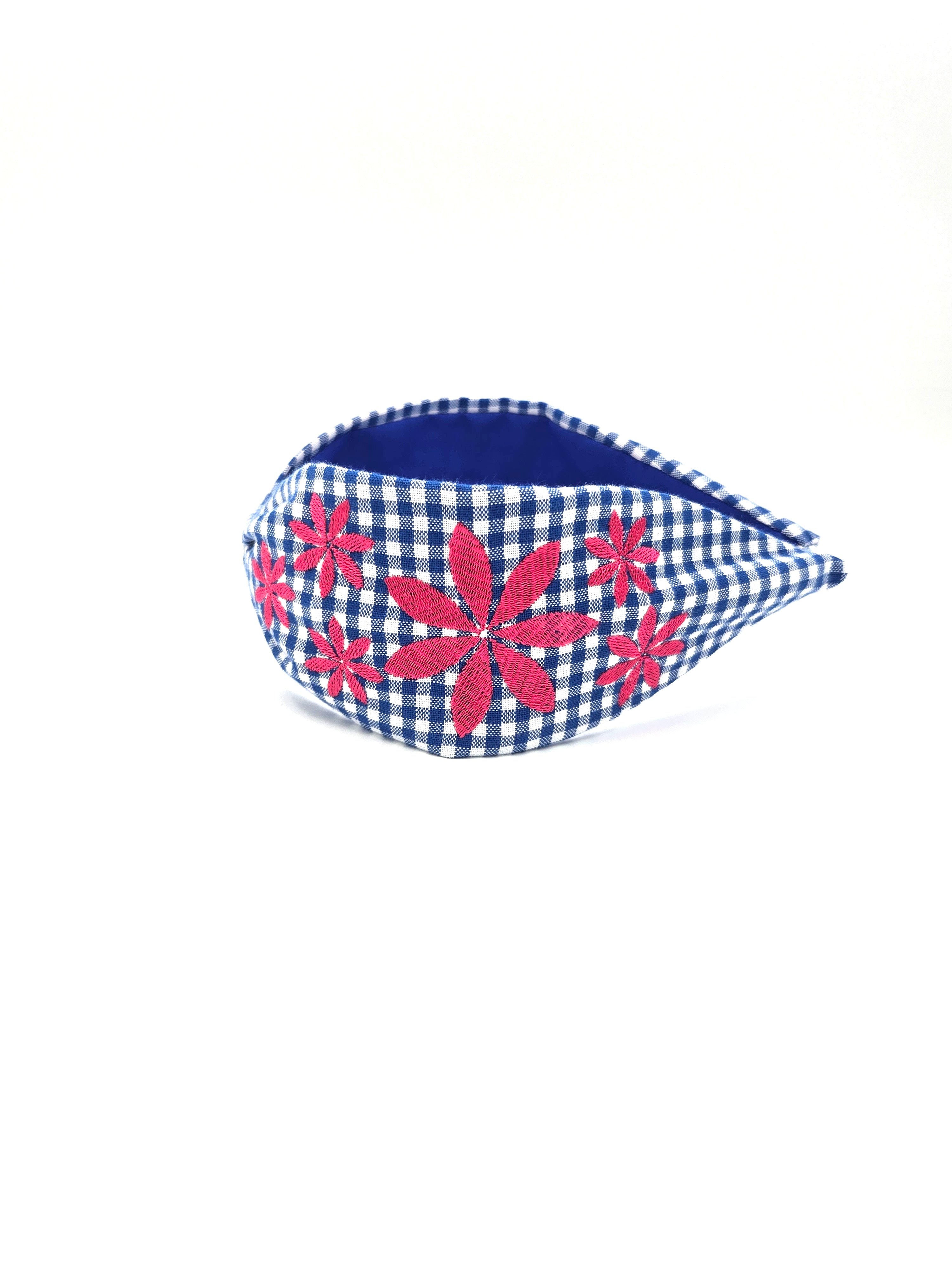 Blue & Hot Pink Gingham Embroidered Headband