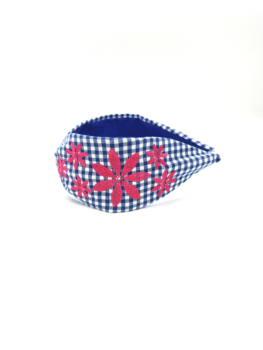 Blue & Hot Pink Gingham Embroidered Headband