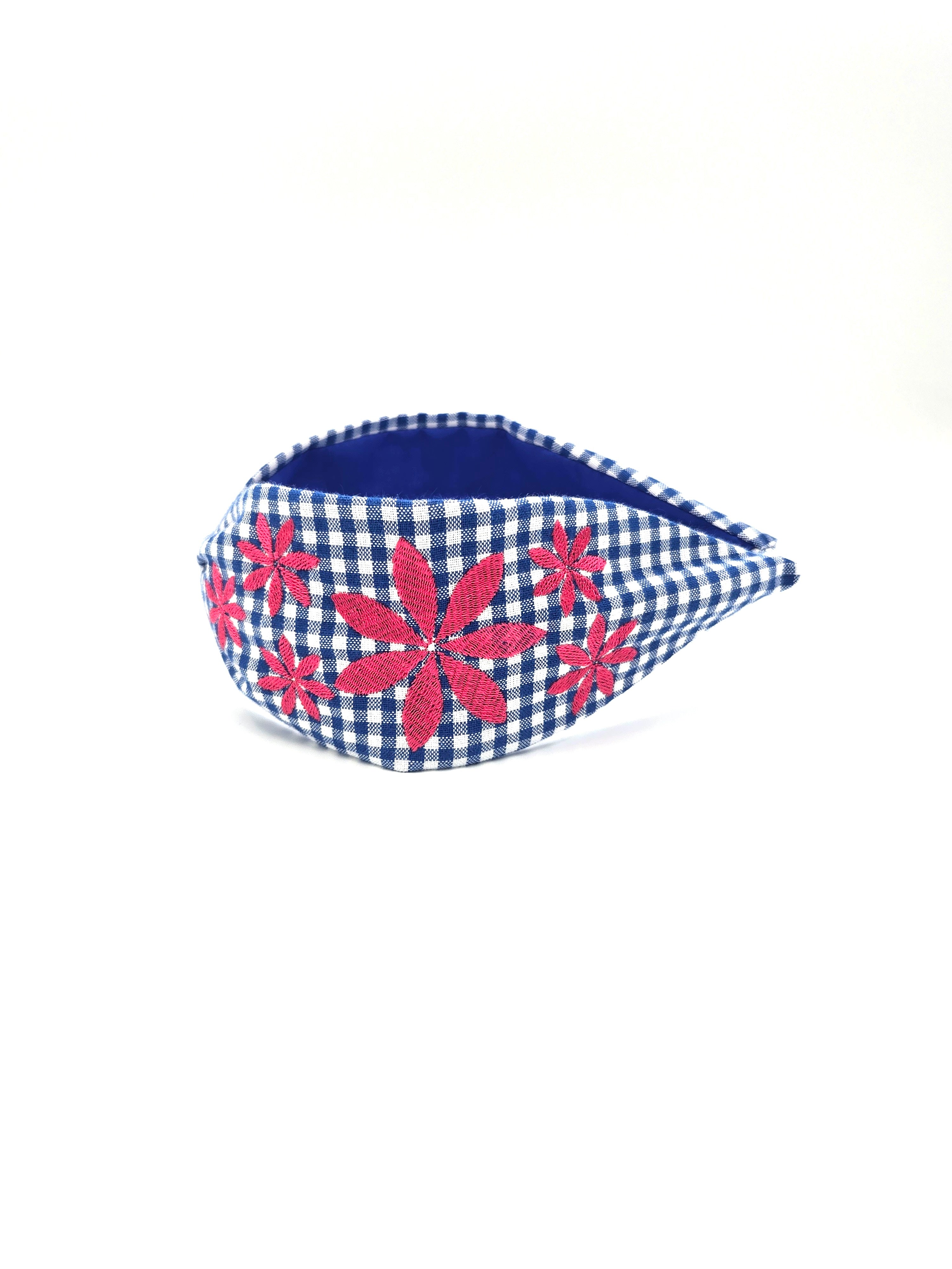 Blue & Hot Pink Gingham Embroidered Headband