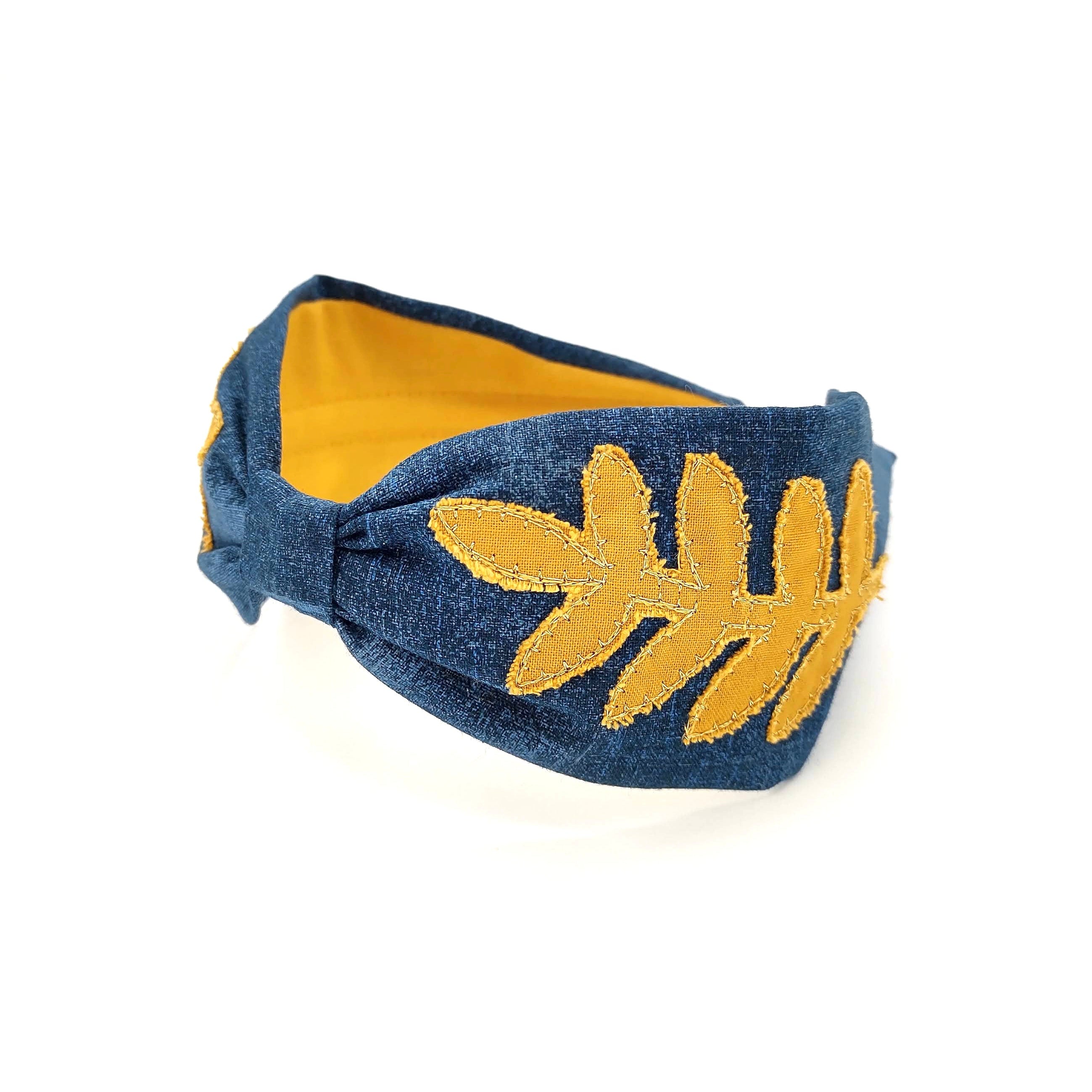 Embroidered Headband – Navy Blue Cotton with Yellow Appliqué Embroidery