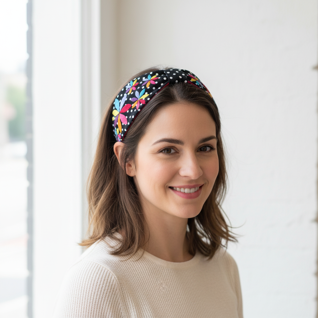 Embroidered Polka Dots Floral Headband