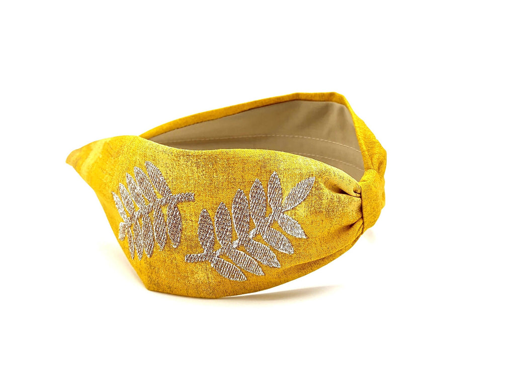 Headband, Embroidered Headband, Embroidered Yellow Headband, Modern Headband, Boho Headband, Yellow, Embroidered Leaves