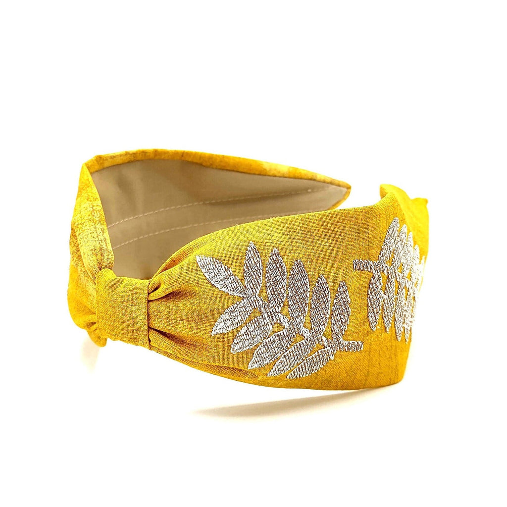Headband, Embroidered Headband, Embroidered Yellow Headband, Modern Headband, Boho Headband, Yellow, Embroidered Leaves