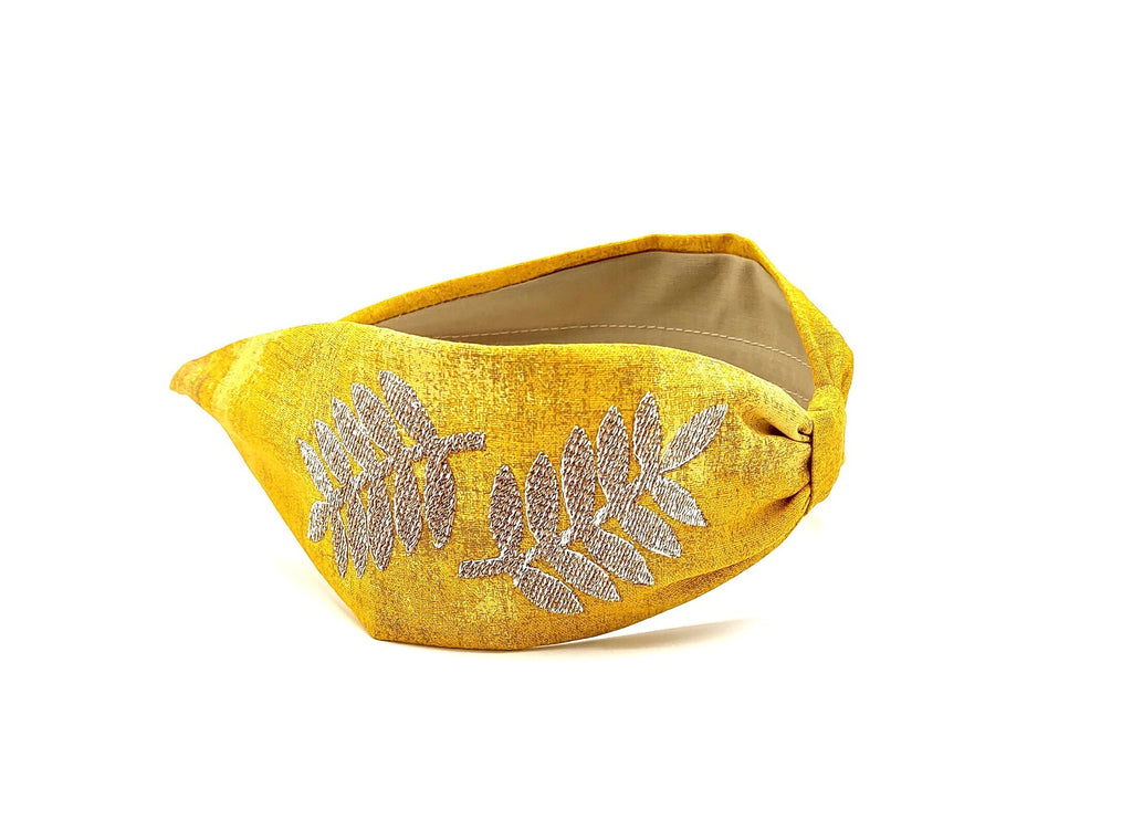 Headband, Embroidered Headband, Embroidered Yellow Headband, Modern Headband, Boho Headband, Yellow, Embroidered Leaves