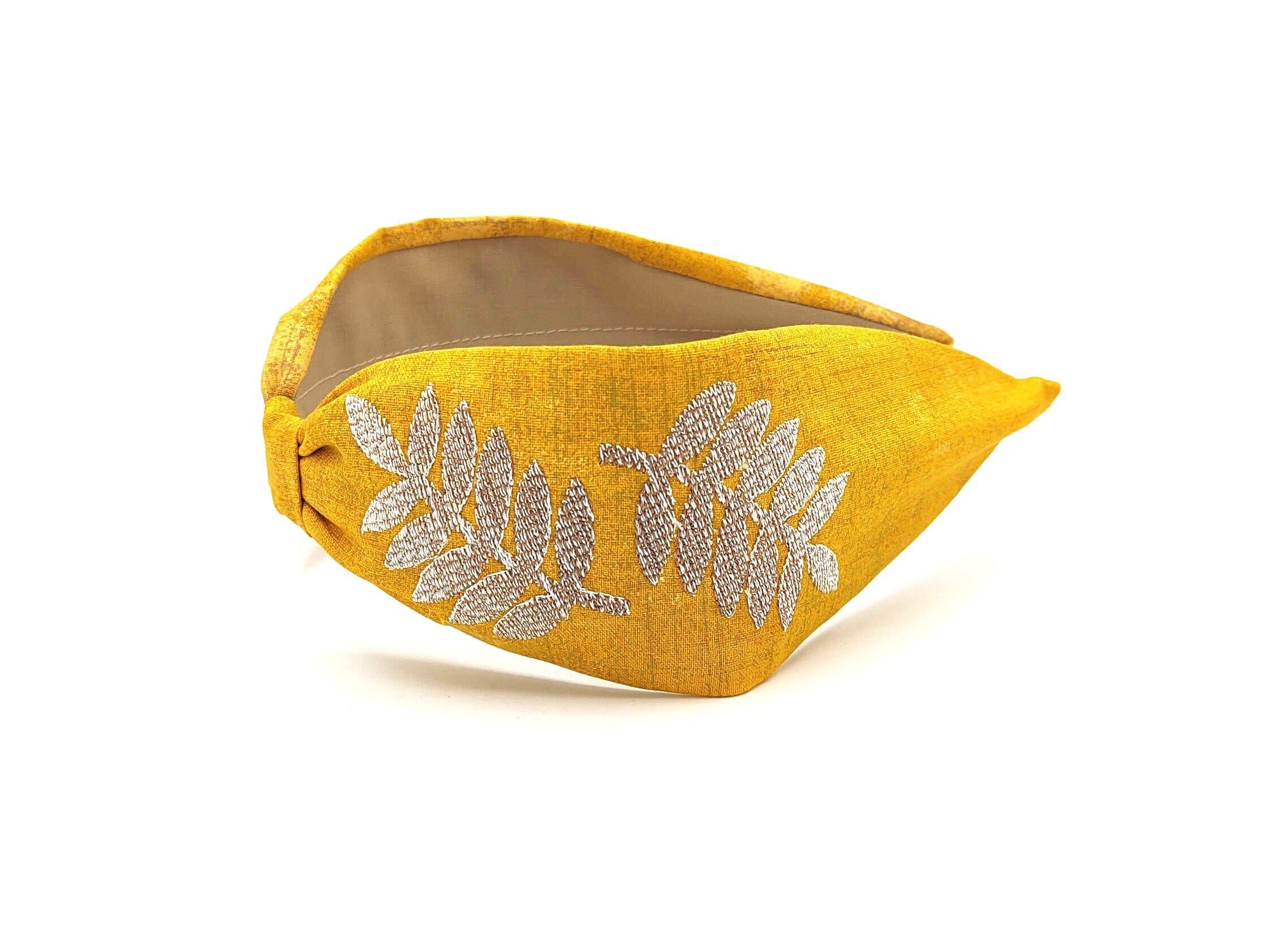 Headband, Embroidered Headband, Embroidered Yellow Headband, Modern Headband, Boho Headband, Yellow, Embroidered Leaves