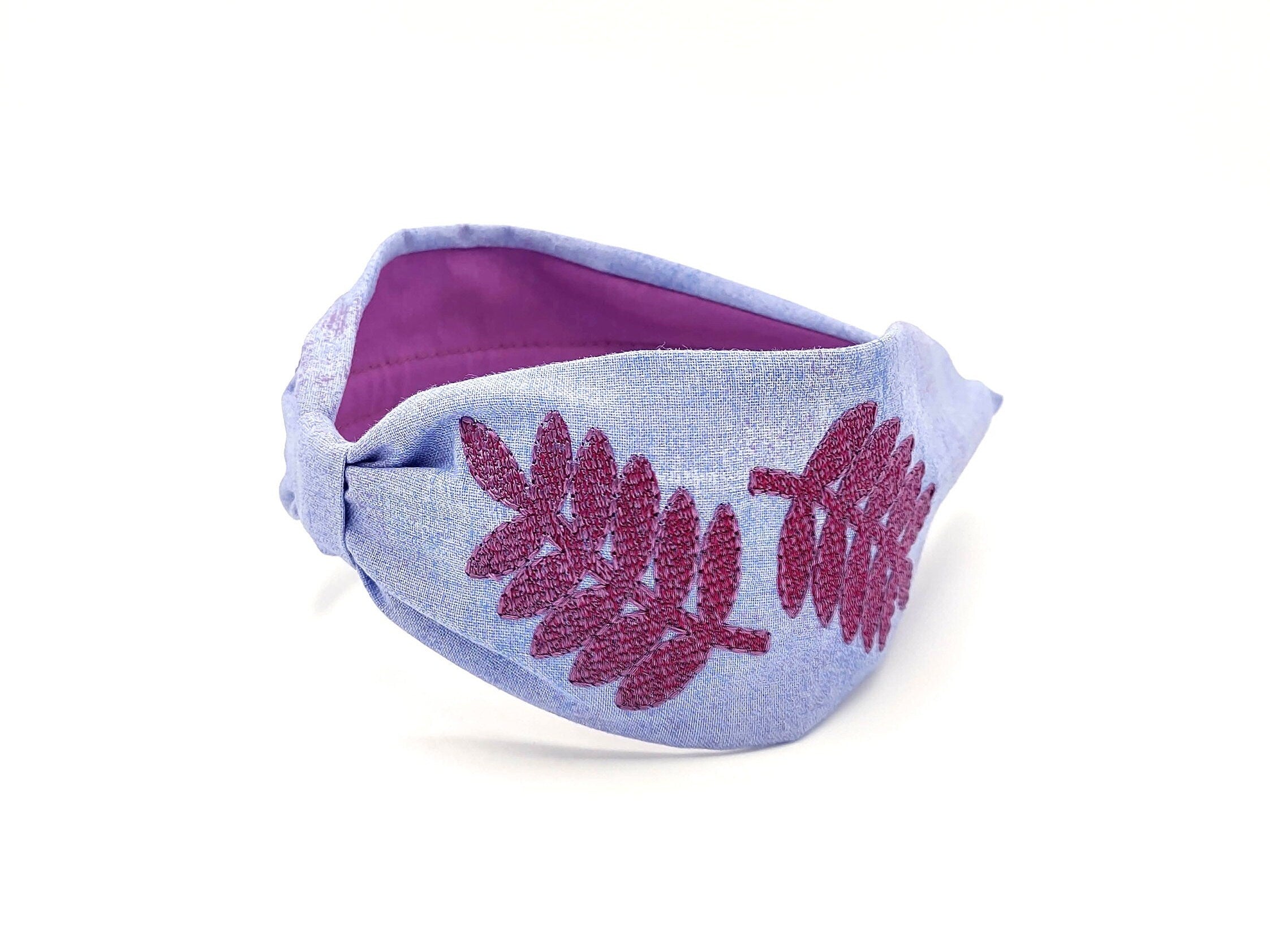 Headband, Embroidered Headband, Embroidered Purple Headband, Modern Headband, Boho Headband, Purple Headband, Embroidered Leaves