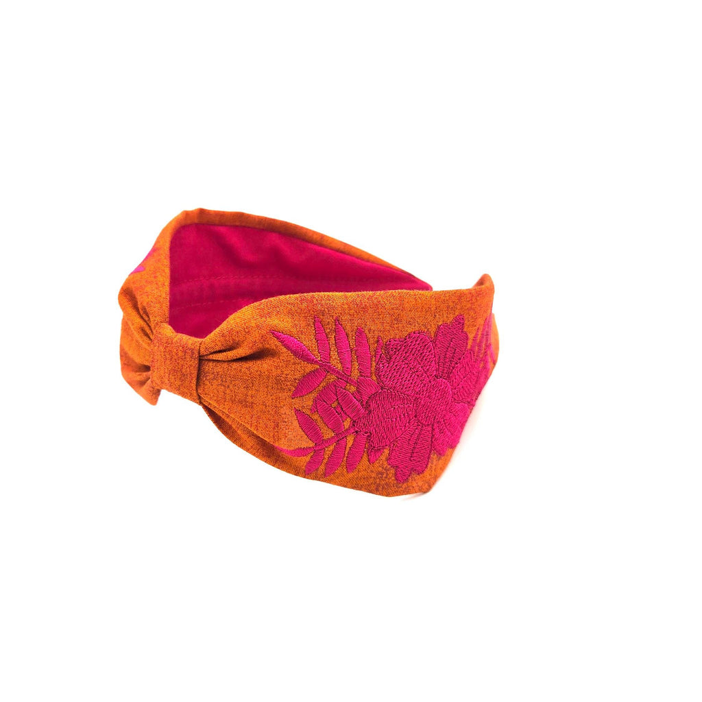 Embroidered Headband, Floral Embroidery Headband, Embroidery Headband, Modern Headband, Embroidered Hair band, Head band, Orange and Pink