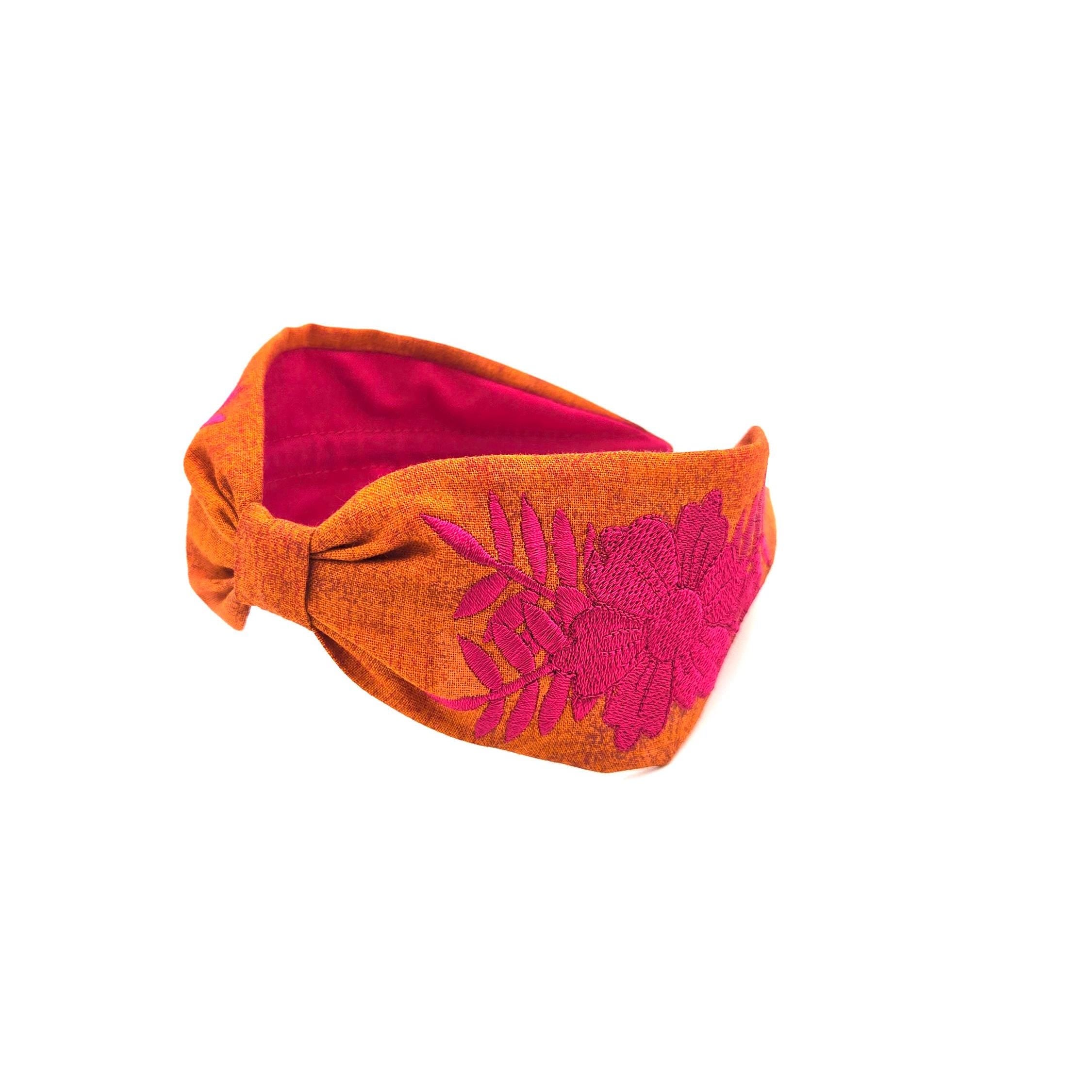 Embroidered Headband, Floral Embroidery Headband, Embroidery Headband, Modern Headband, Embroidered Hair band, Head band, Orange and Pink