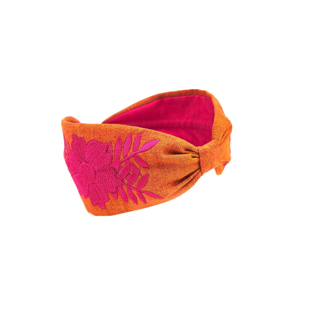 Embroidered Headband, Floral Embroidery Headband, Embroidery Headband, Modern Headband, Embroidered Hair band, Head band, Orange and Pink