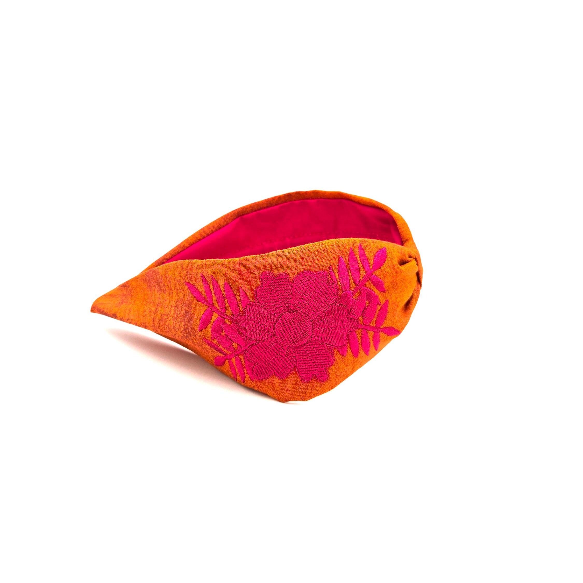 Embroidered Headband, Floral Embroidery Headband, Embroidery Headband, Modern Headband, Embroidered Hair band, Head band, Orange and Pink