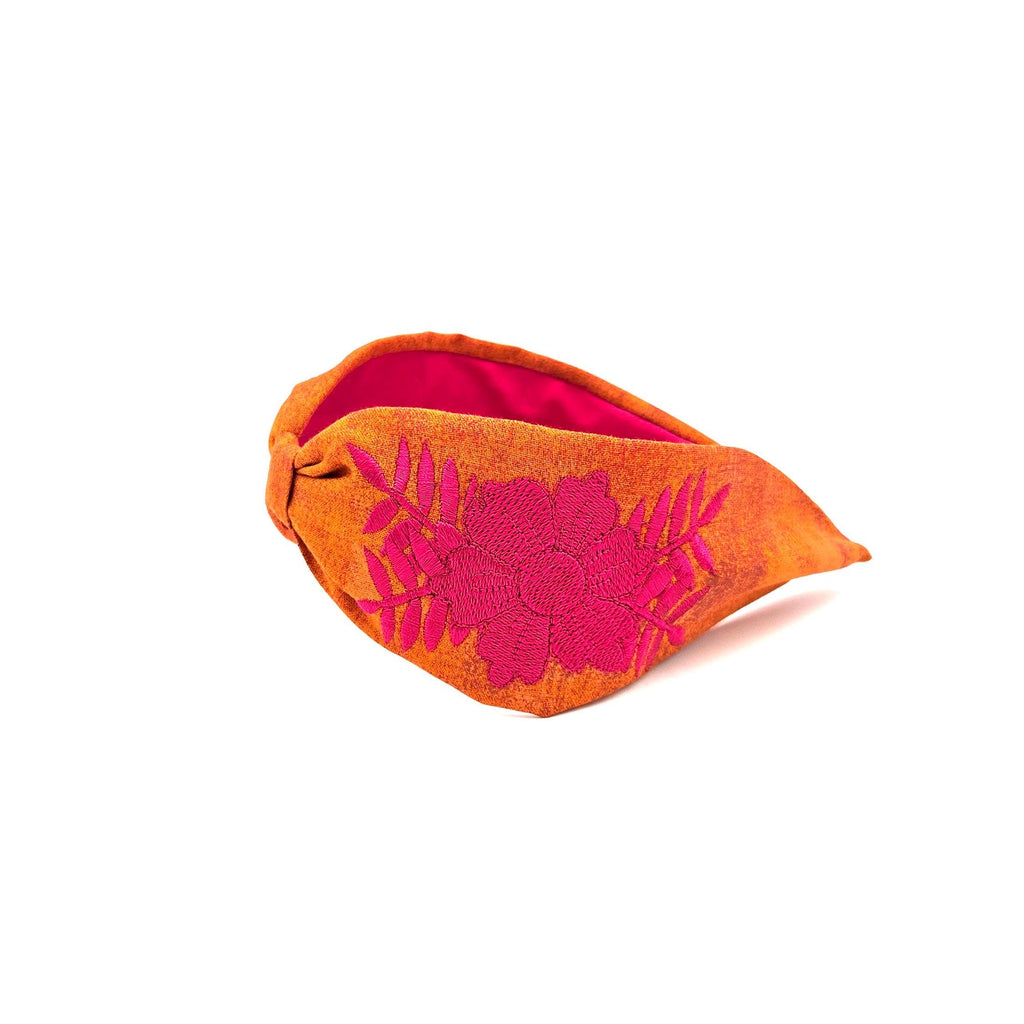 Embroidered Headband, Floral Embroidery Headband, Embroidery Headband, Modern Headband, Embroidered Hair band, Head band, Orange and Pink