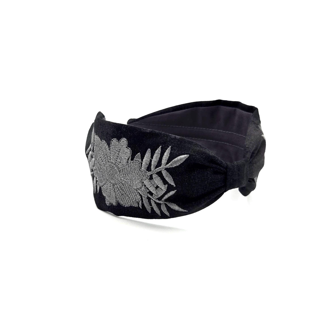 Embroidered Headband, Floral Embroidery Headband, Embroidery Headband, Modern Headband, Embroidered Hair band, Head band, Black and Gray