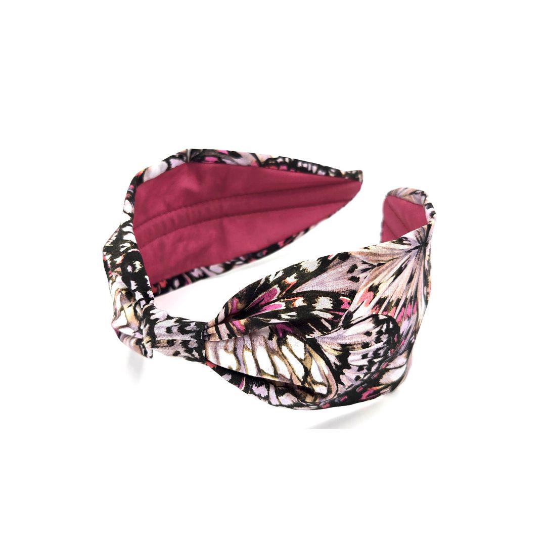 Liberty London Fabric Headband, Boho Headband, Wide Style Modern Headband, Handcrafted Headband, Butterfly Print, Black and Pink