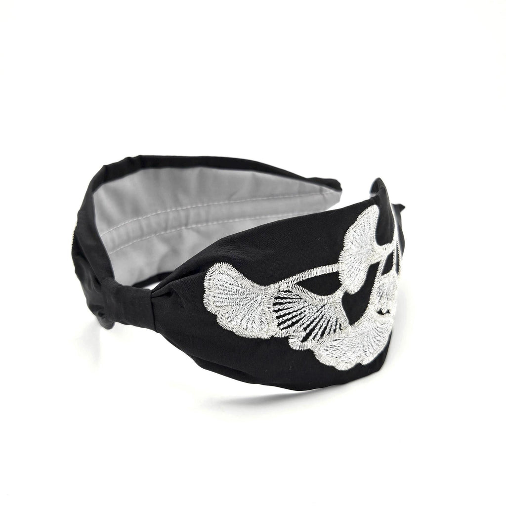 Black Ginkgo Embroidered Silk Headband - image 2