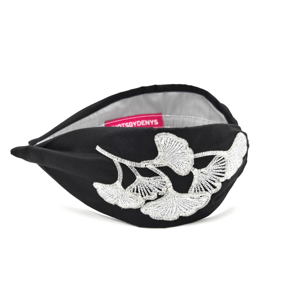 Black Ginkgo Embroidered Silk Headband - image 4