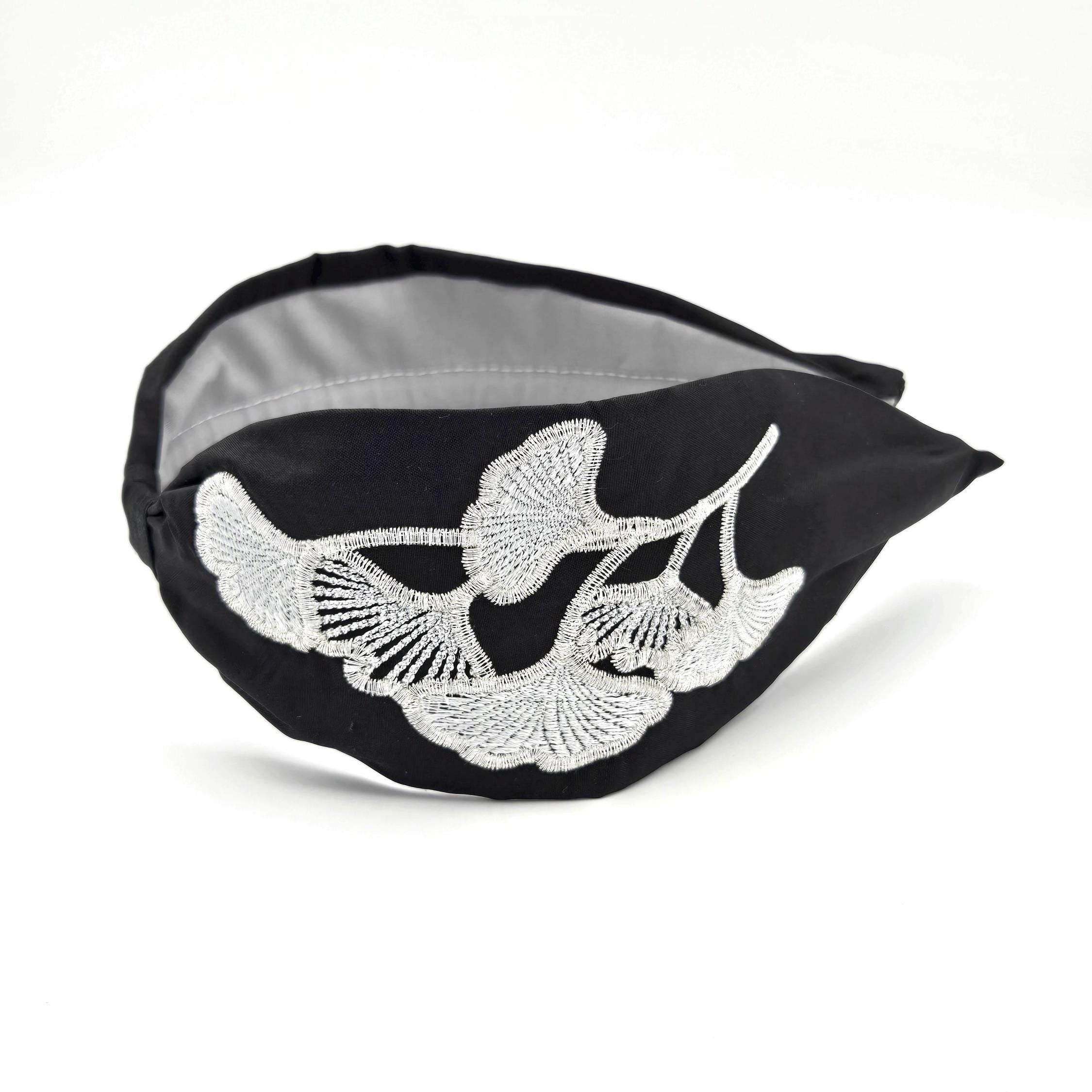 Black Ginkgo Embroidered Silk Headband - image 5