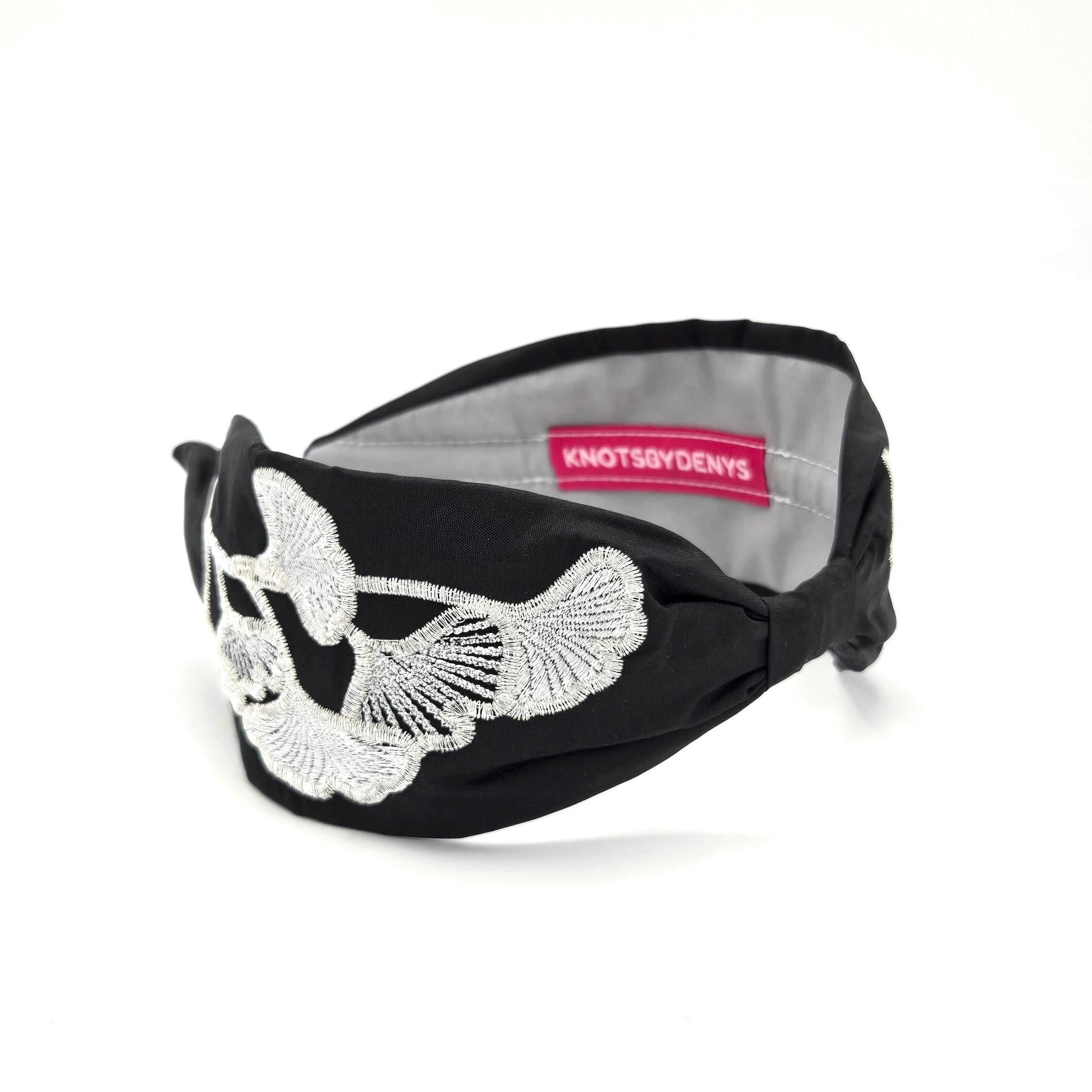 Black Ginkgo Embroidered Silk Headband